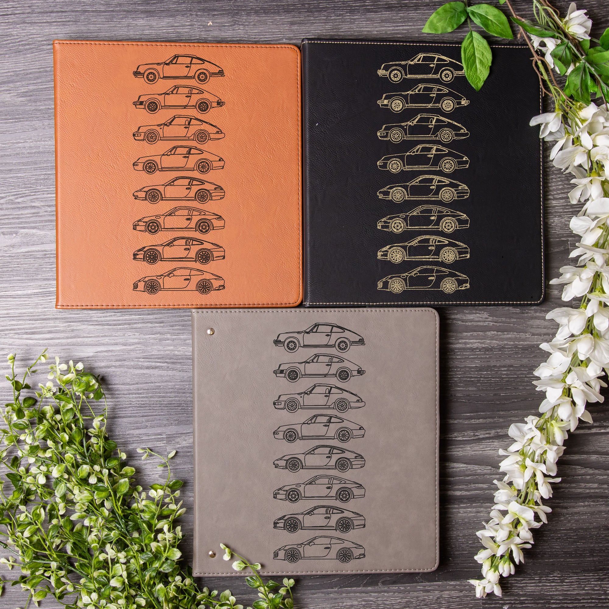 911 Silhouette Engraved Leather A4 3-Ring Binder