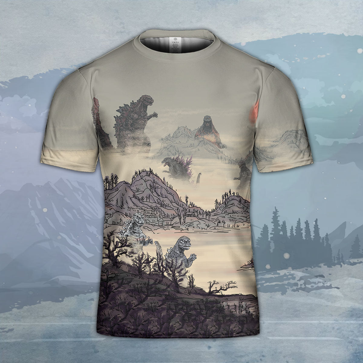 Godzilla All Over Print T-shirt - Godzilla Japanese Classic Art T-shirt