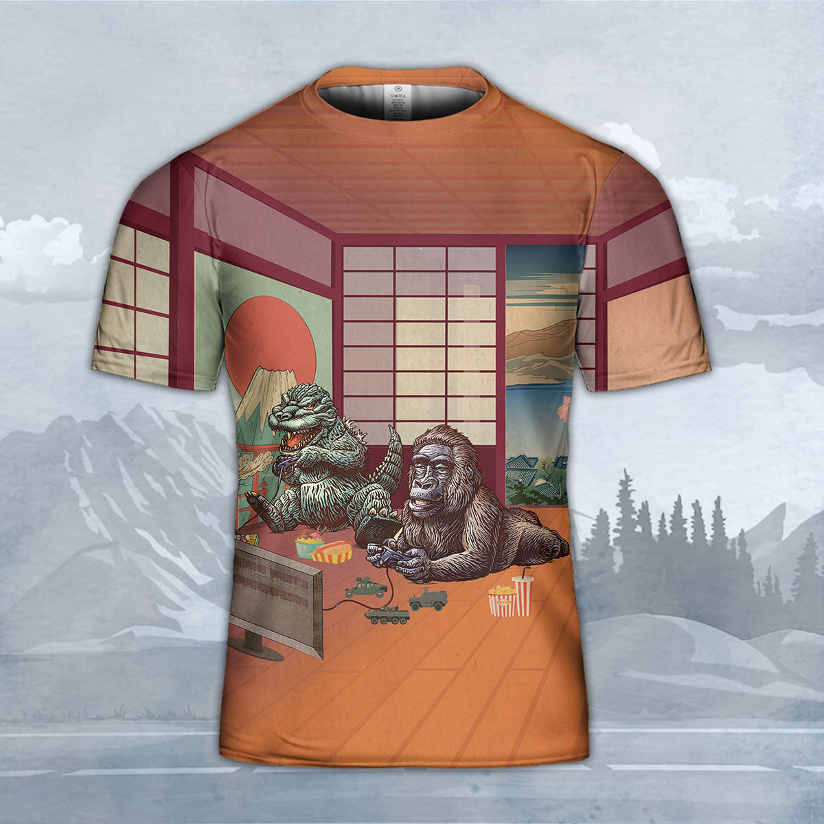 Godzilla All Over Print T-shirt - Godzilla & King Kong Playing Games