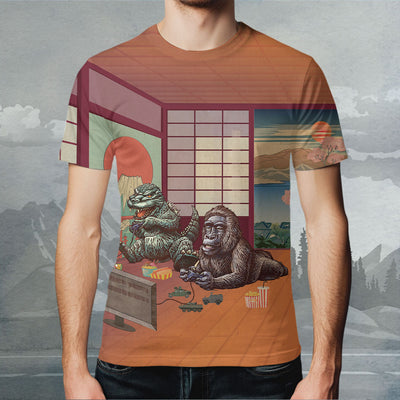 Godzilla All Over Print T-shirt - Godzilla & King Kong Playing Games