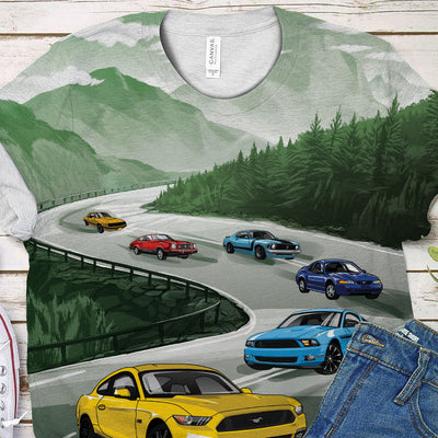 Mustang All Over Print T-shirt - 'Stang Racing Landscape Art