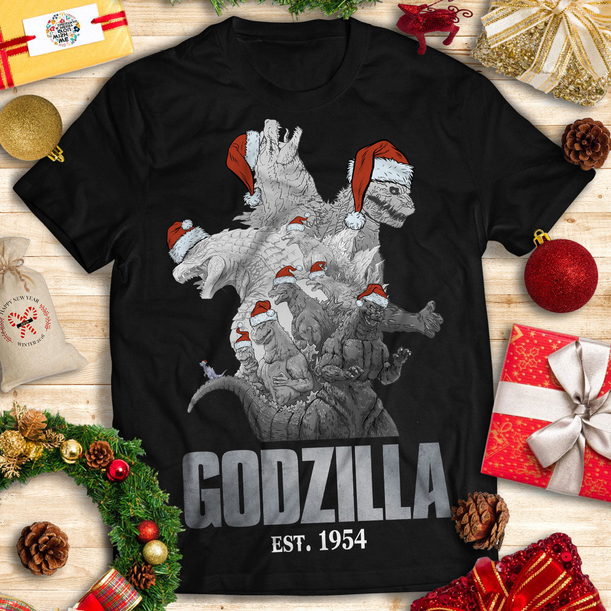 Godzilla Christmas T-shirt - Godzilla With Santa Hat Collection Since 1954