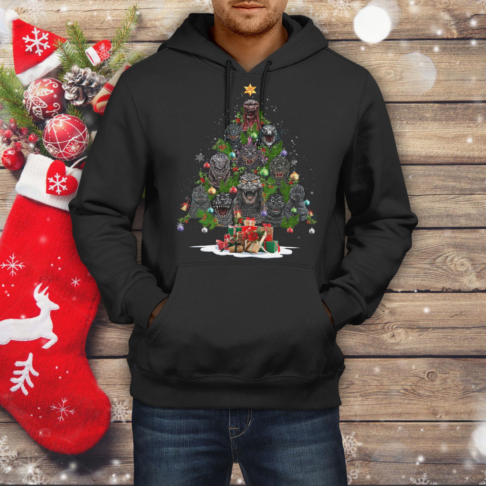 2022 Godzilla Christmas Hoodie - Christmas Tree From All Godzillas