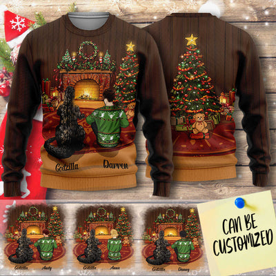 Personalized Godzilla Christmas Sweater - Sitting By The Fireplace