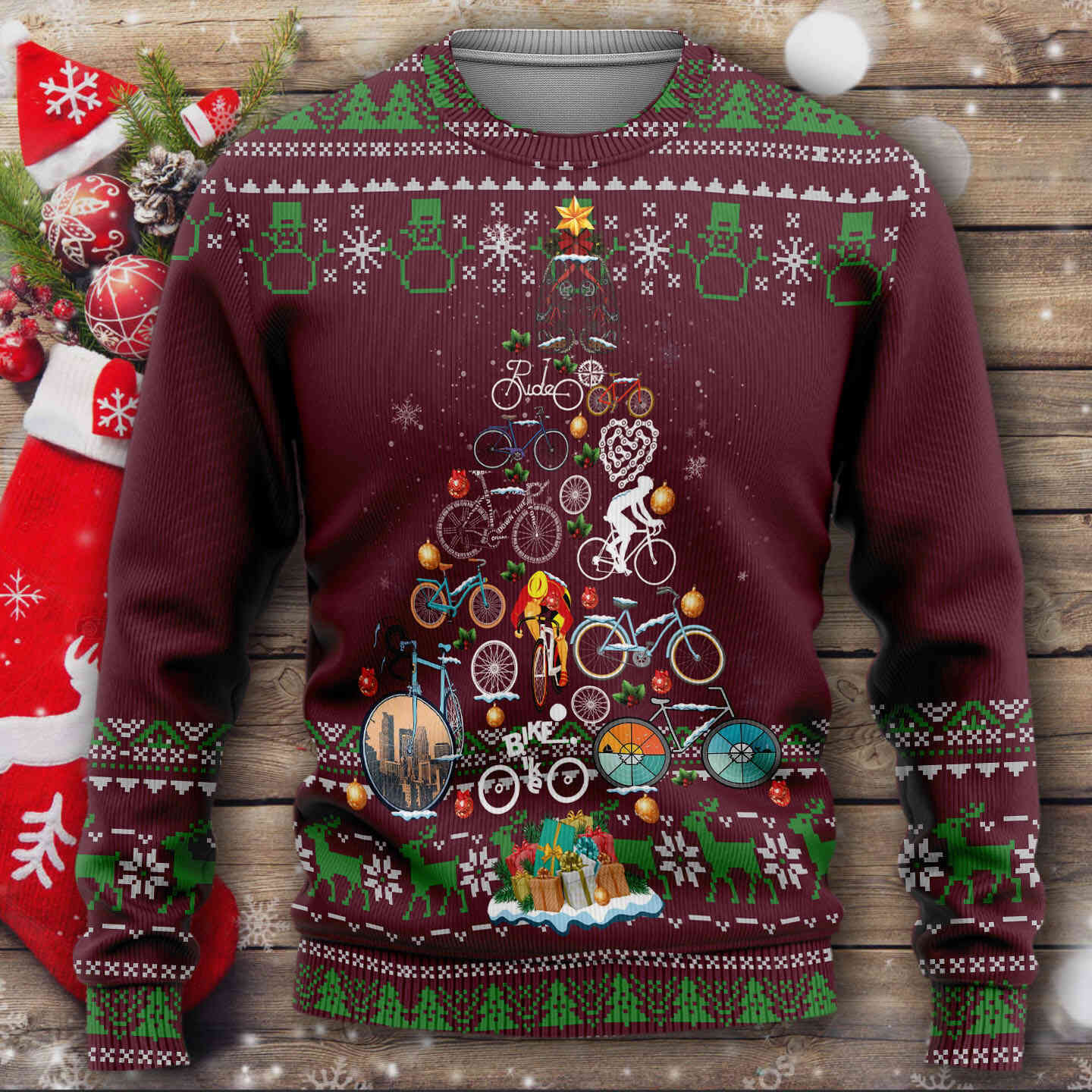 Bicycling Graphic Art Christmas Tree Sweater