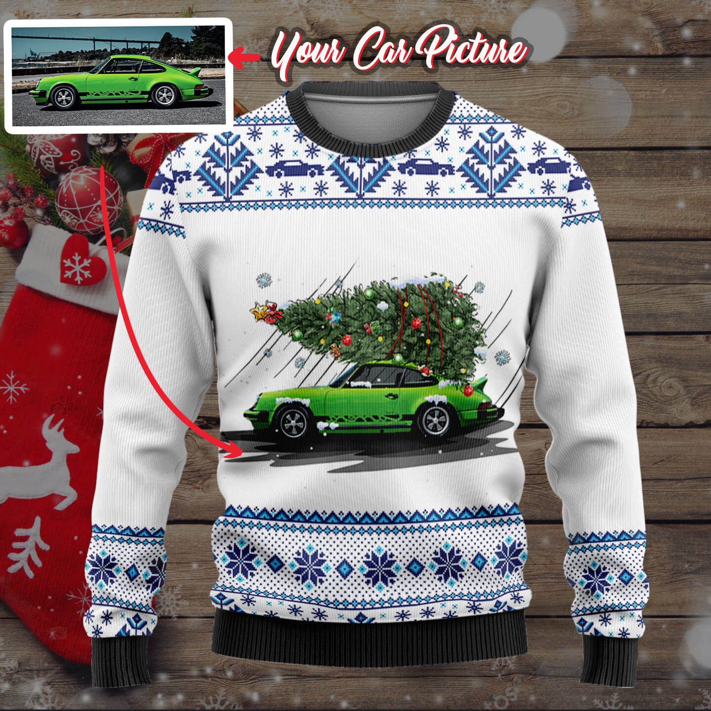Personalized Car Christmas Tree Wool Ugly Sweater V2