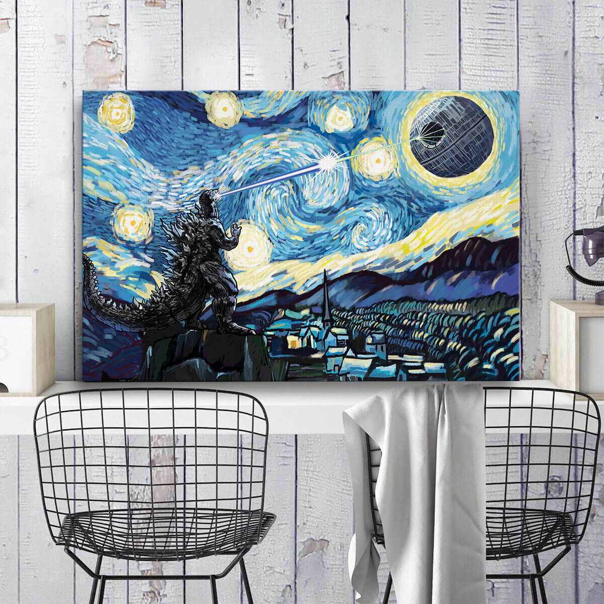 Godzilla vs Death Star Starry Night Canvas Wall Art