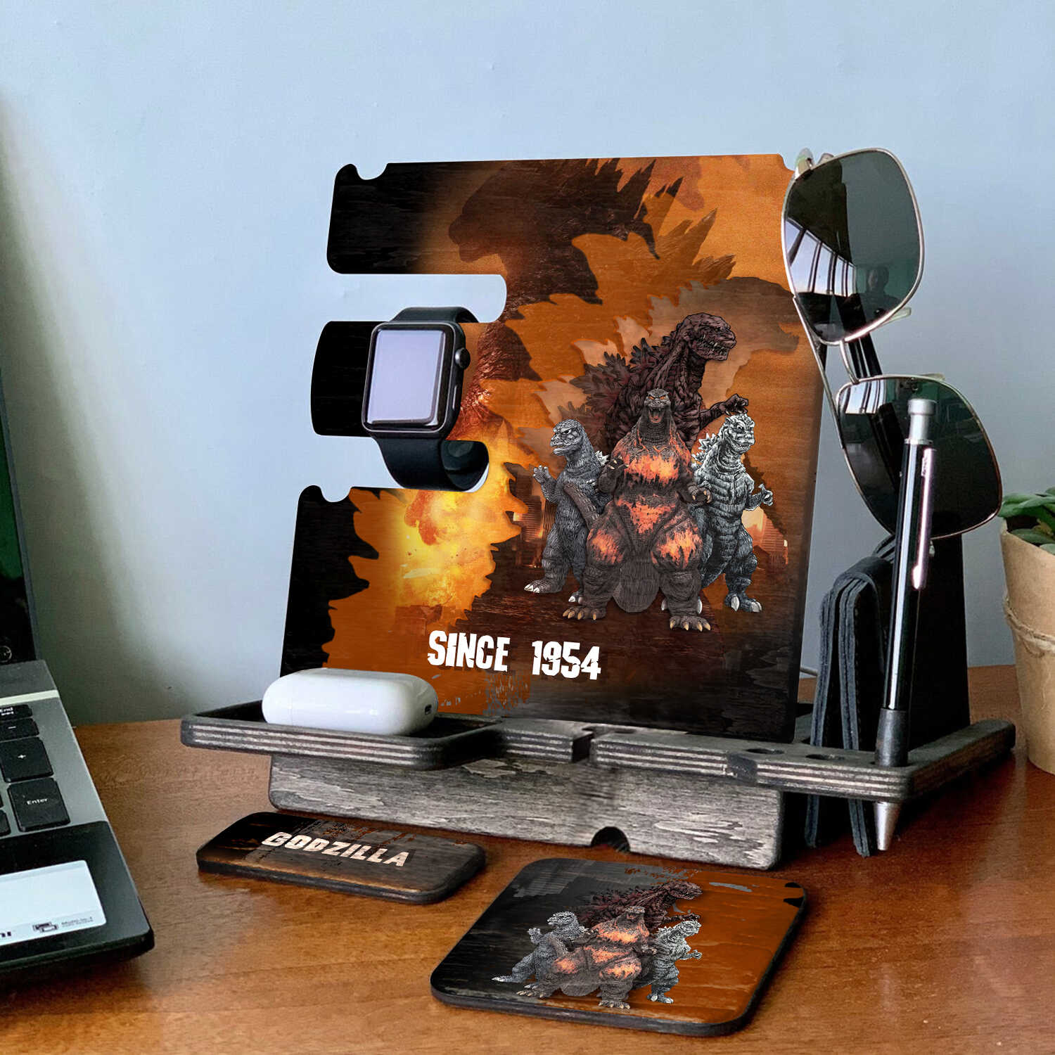 Godzilla Phone Docking Station - Wooden Mobile Gadget Organizer For Godzilla Fans