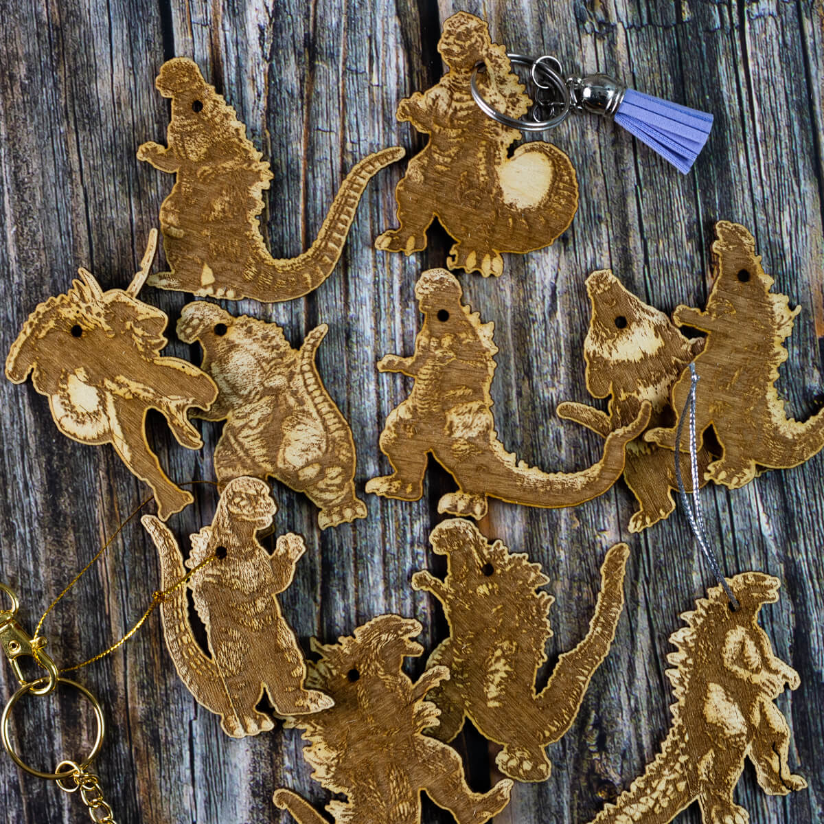 Godzilla Collection Laser Engraved Wood Keychain Set