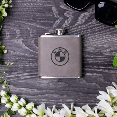 B.M.W Laser Engraved Leather Flask Gift Set