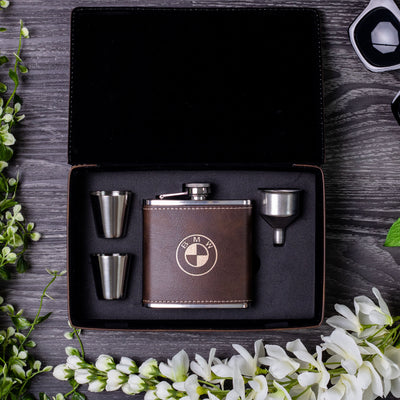 B.M.W Laser Engraved Leather Flask Gift Set