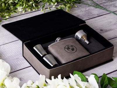 B.M.W Laser Engraved Leather Flask Gift Set