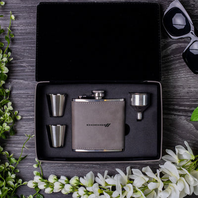 Challenger Silhouette Collection Laser Engraved Leather Flask Gift Set
