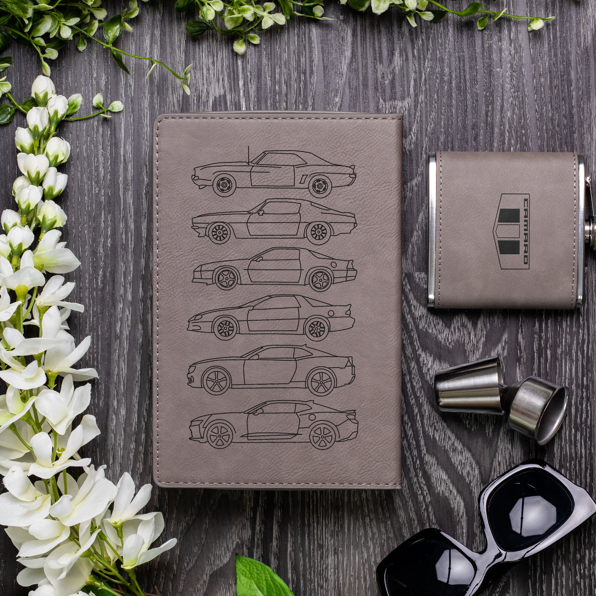 Camaro Silhouette Collection Laser Engraved Leather Flask Gift Set