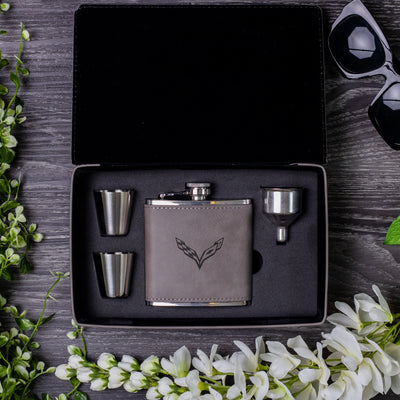 Vette Silhouette Collection Laser Engraved Leather Flask Gift Set