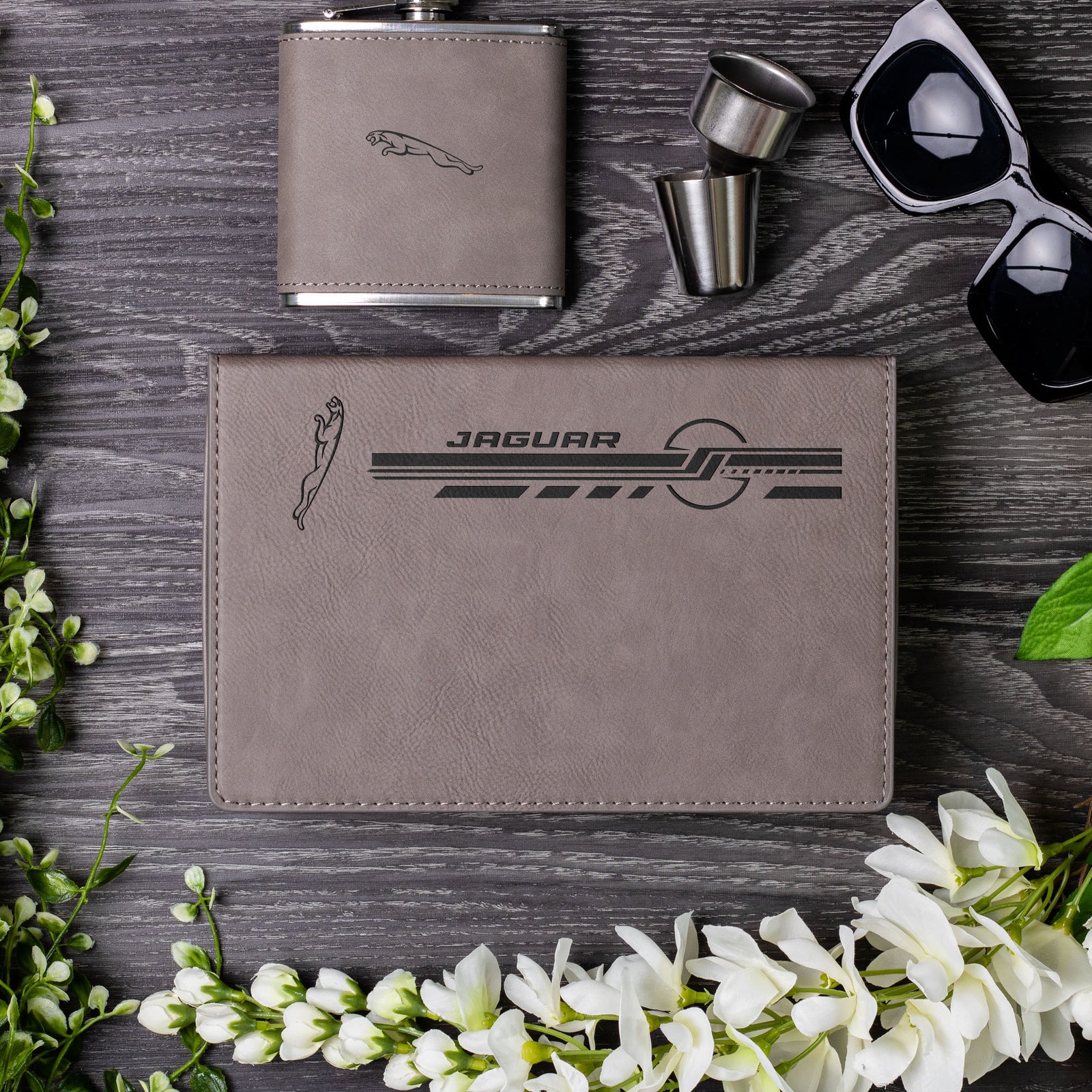 Jaguar Laser Engraved Leather Flask Gift Set