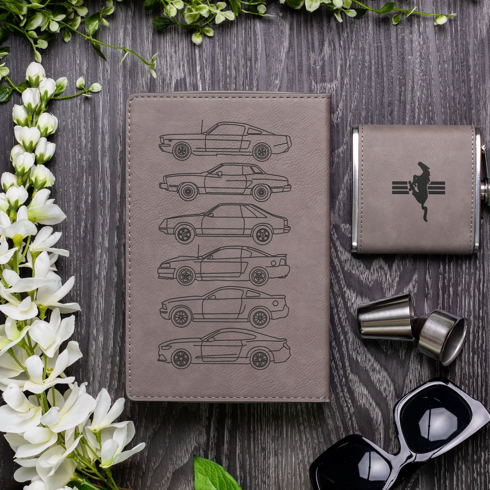 Mustang Silhouette Collection Laser Engraved Leather Flask Gift Set