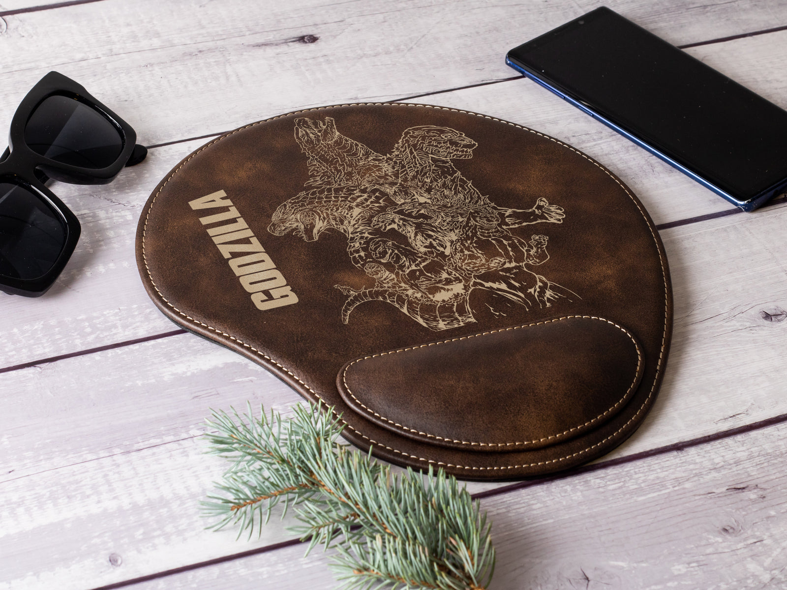 Godzilla Laser Engraved Leather Mouse Pad With Arm Rest - A Godzilla Collection v.2