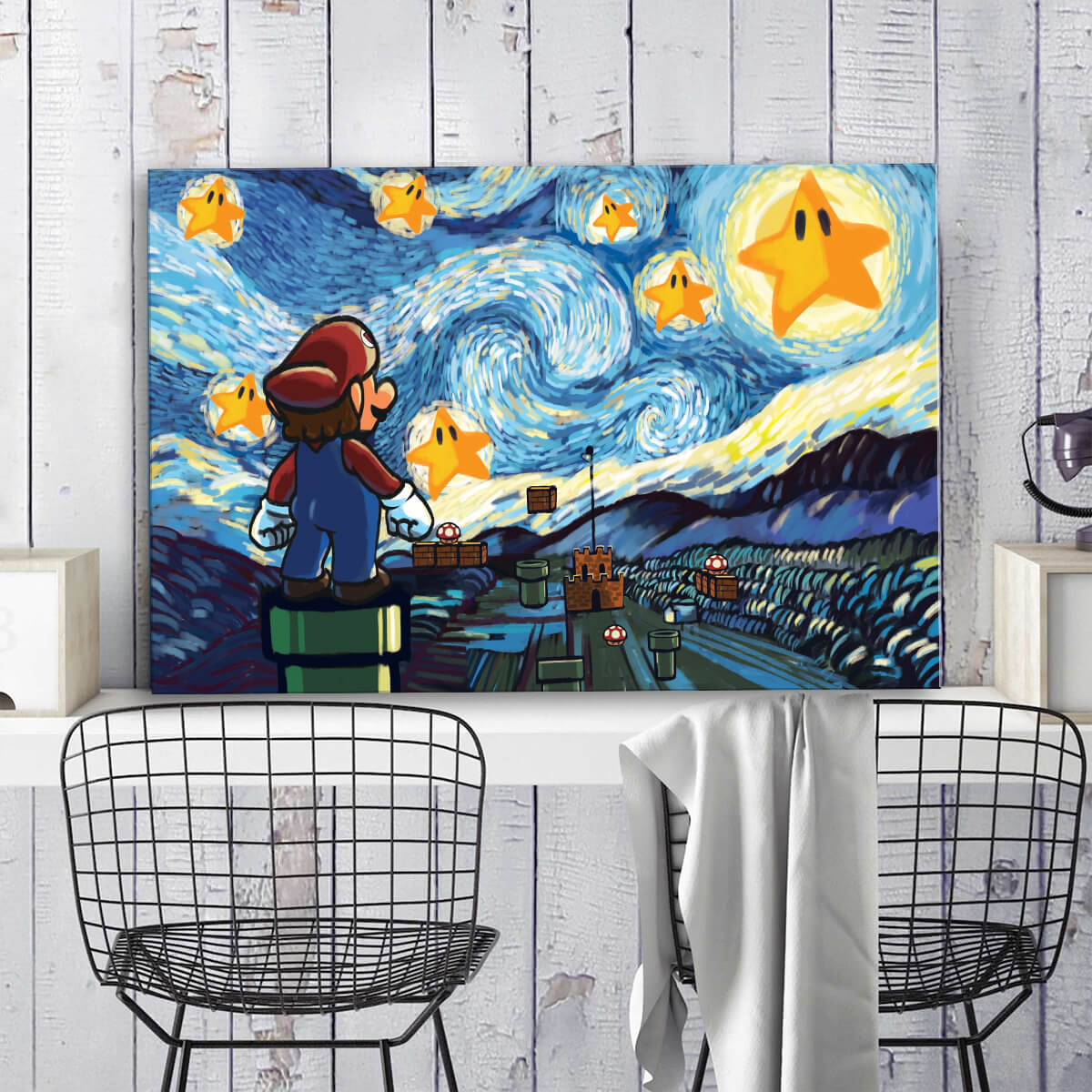 Mario Starry Night Framed Canvas Wall Art