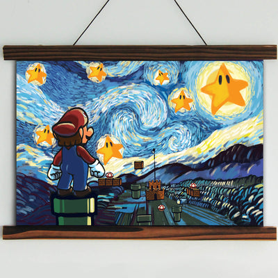 Mario Starry Night Framed Canvas Wall Art