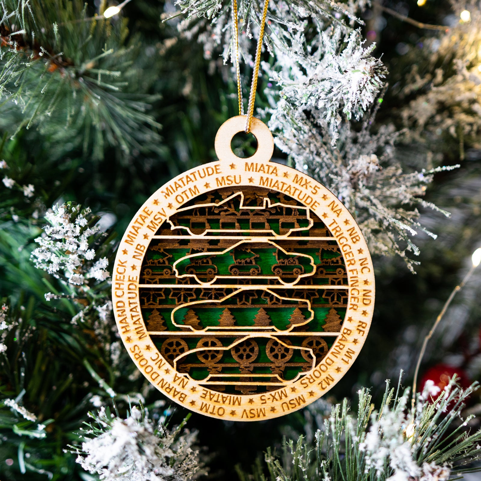 Miata Silhouette Collection/Miata Snowflake Handmade Wood/Glass Art Ornament