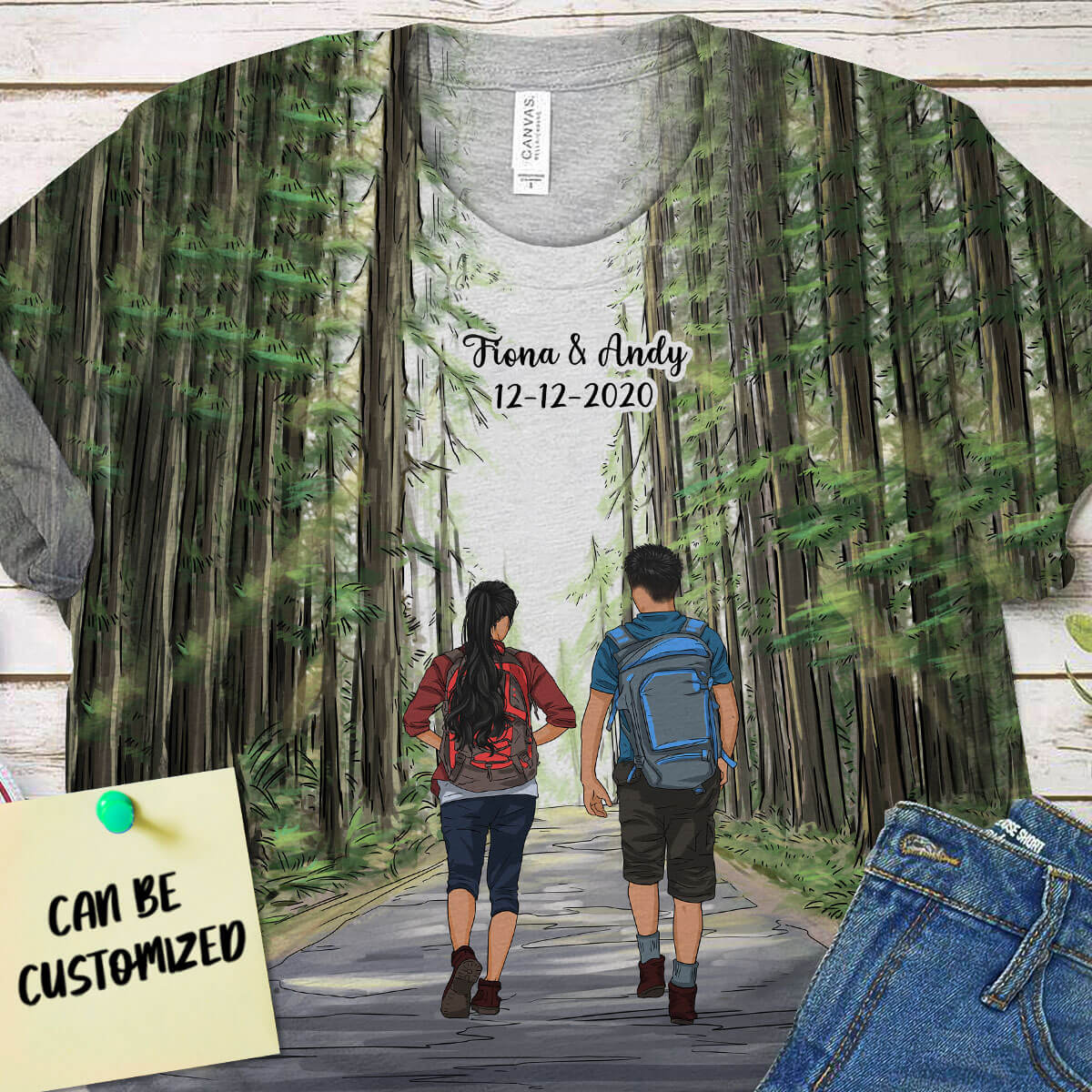 Personalized Hiking Couple 3D Art All Over Print T-shirt