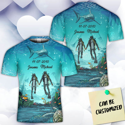 Personalized Scuba Diving Couple 3D Art All Over Print T-shirt