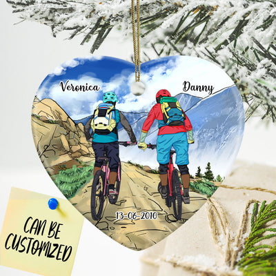 Personalized Mountain Biking Couple Heart Ornament