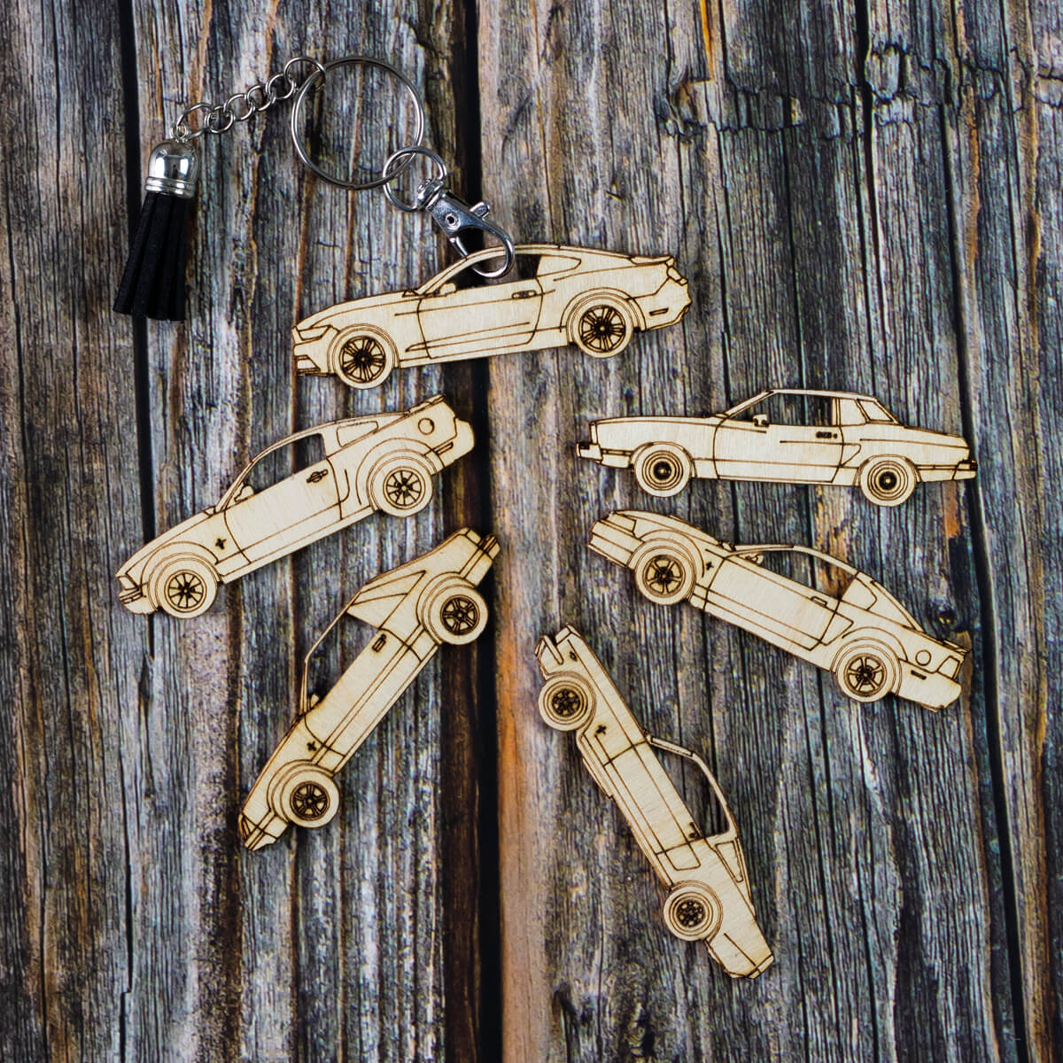Mustang Silhouette Collection Laser Engraved Wood Keychain Set