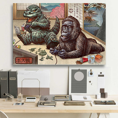 Godzilla vs Kong Playing Games Metal Art Print / Framed Canvas Wall Art