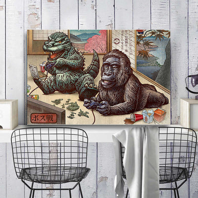 Godzilla vs Kong Playing Games Metal Art Print / Framed Canvas Wall Art