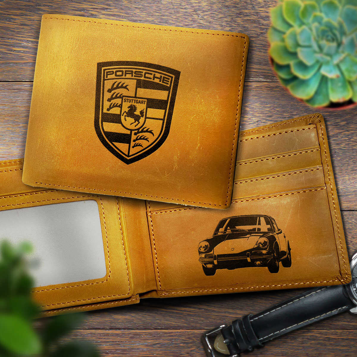 911 Hand-made Engraved Leather Bifold Wallet