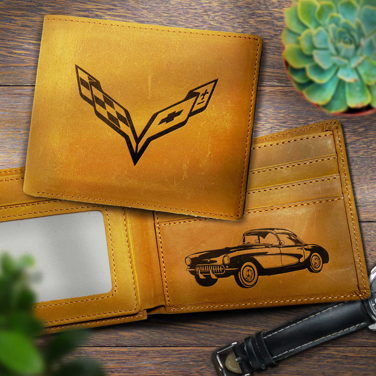 CV Hand-made Engraved Leather Bifold Wallet