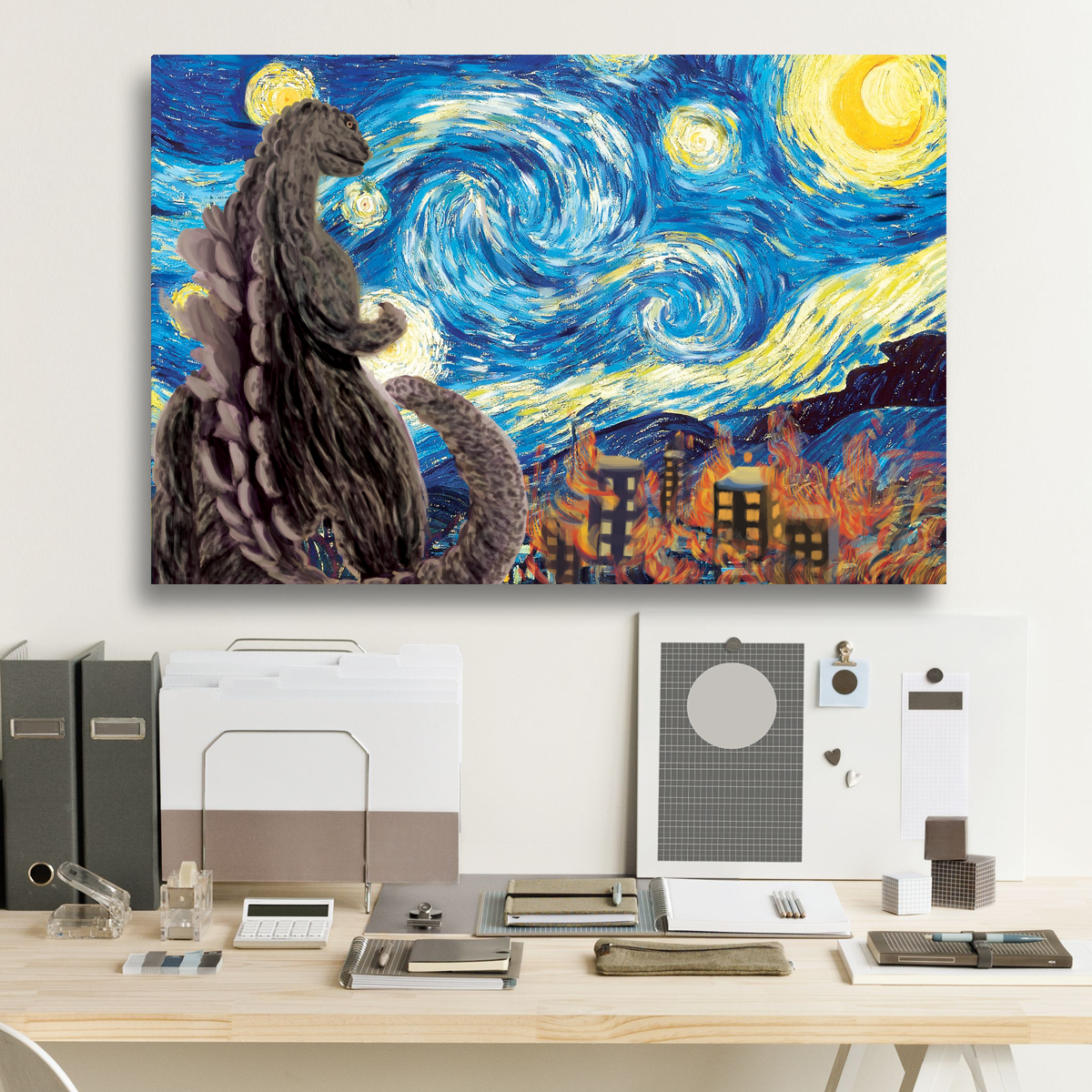 Godzilla Starry Night Framed Canvas Prints