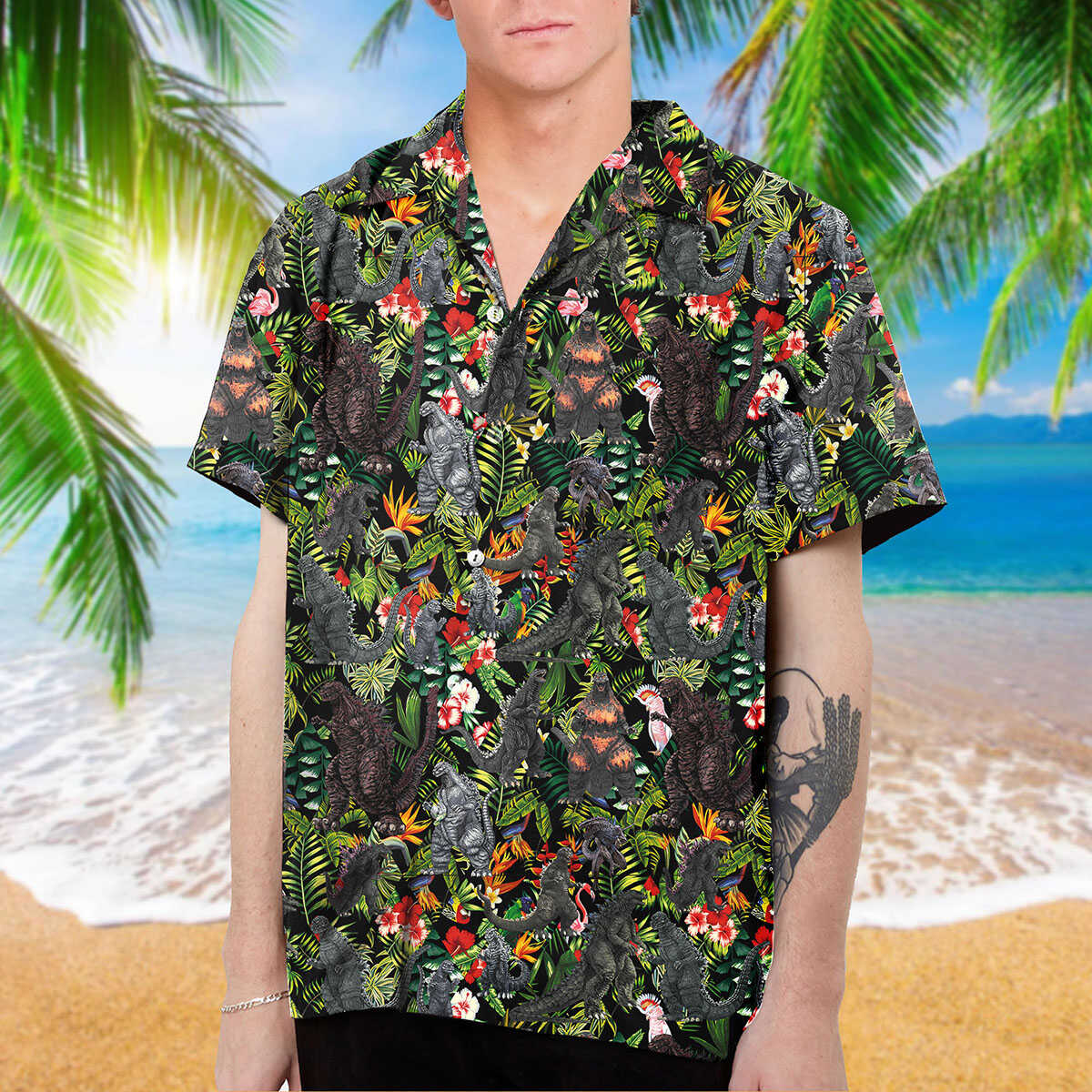 Godzilla Surfing Funny Hawaiian Shirt