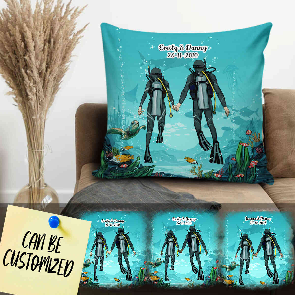 Personalized Scuba Diving Art Couple Decorative Pillow