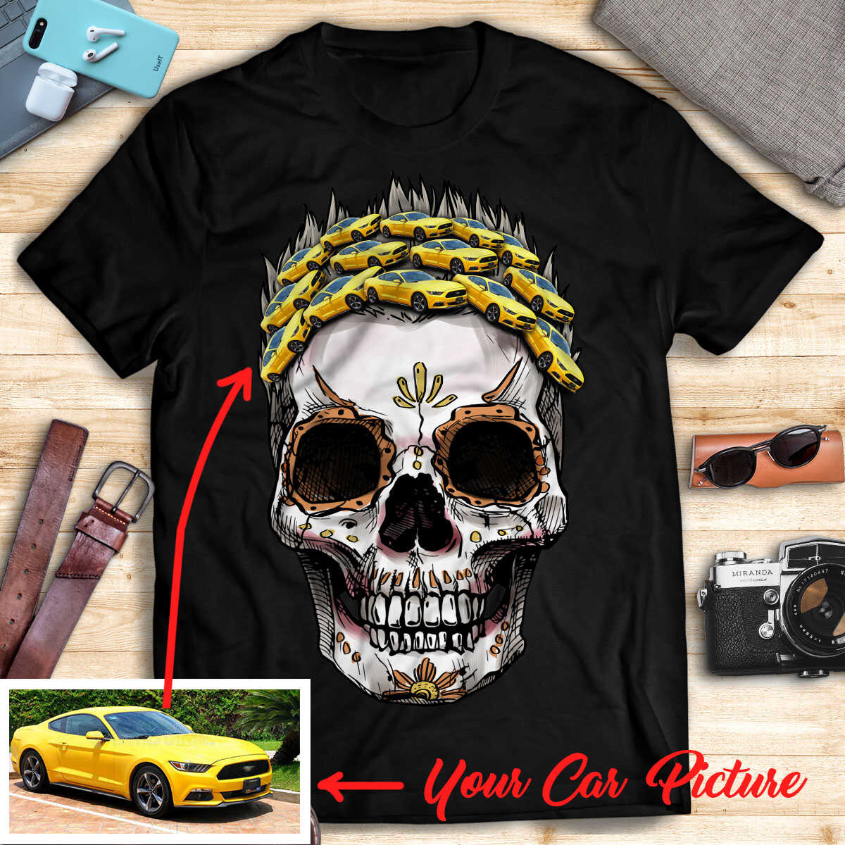 Customized Car Racing Stylized Skull Halloween Art T-shirt