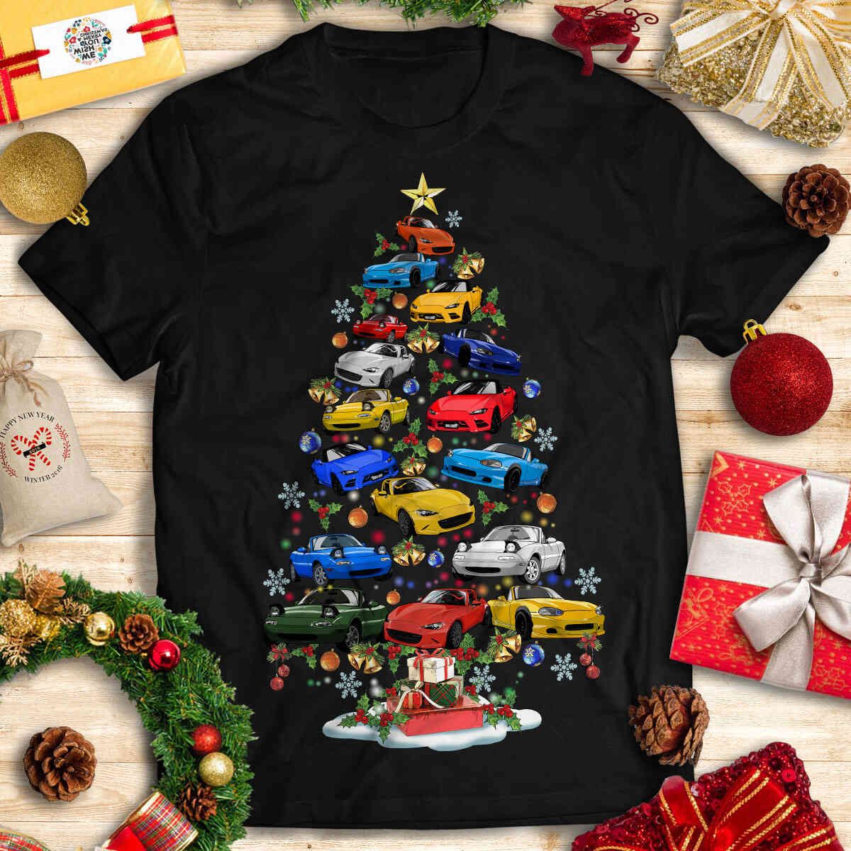 Miata Christmas T-shirt - Christmas Tree From All Miatas (Cartoon Art)