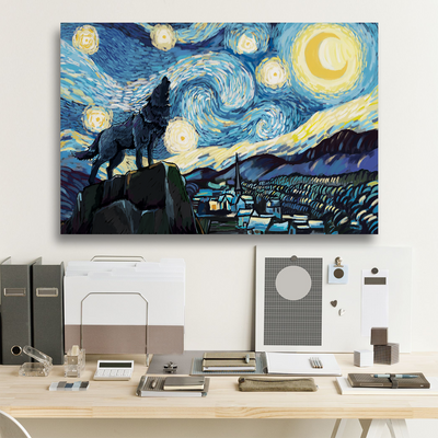 Wolf Starry Night Framed Canvas Prints